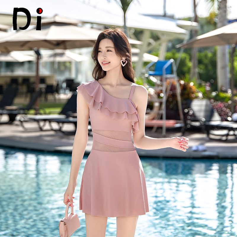 连体斜肩裙式游泳衣女士2025新款遮肚显瘦平角保守韩版微胖mm温泉