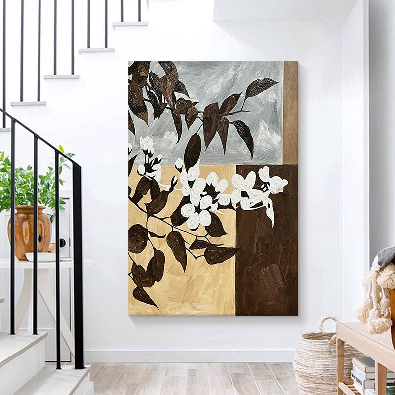 侘寂中古风复古树叶肌理手绘油画抽象白色花卉客厅装饰画玄关挂画图片