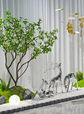 室内简约微缩景观客厅酒店玄关楼梯间走廊空间布景装饰梅花鹿摆件