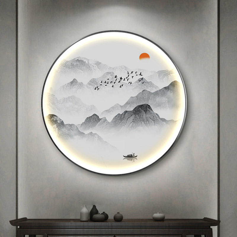 新中式圆形装饰画客厅玄关灯画山水画茶室禅意挂画水墨画风景壁画图片