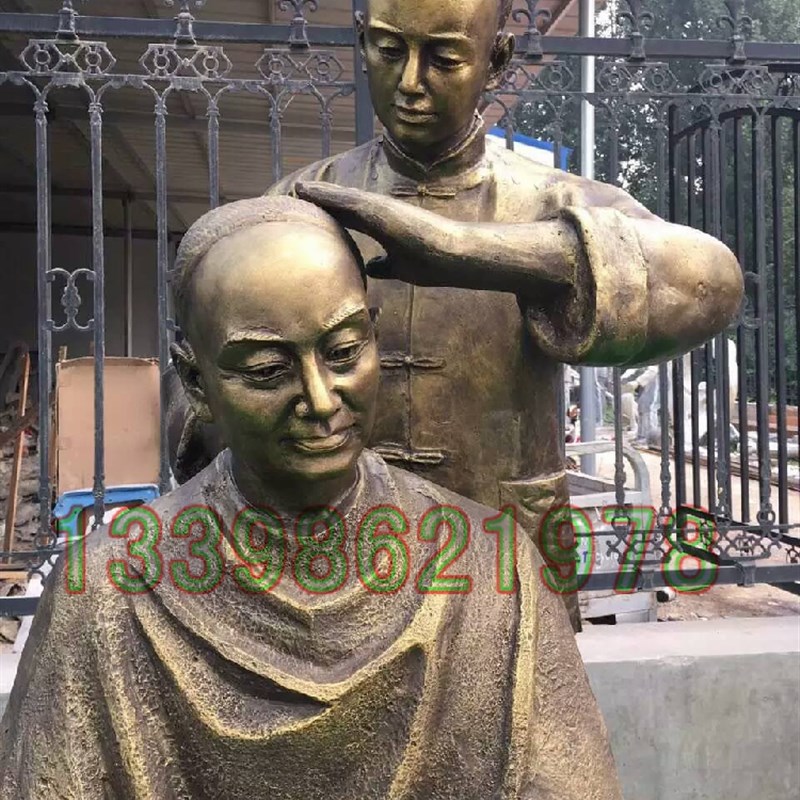 街头明清古代人物理发剃头雕塑步行商业街广场民俗文化玻璃钢摆件