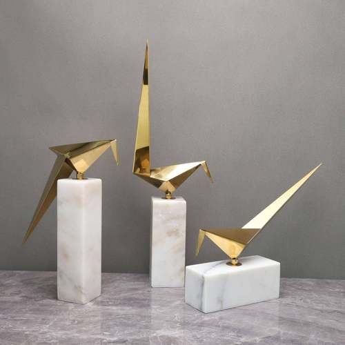 新中式大理石不锈钢千纸鹤艺术摆件样板房电视柜客厅酒店家居装饰