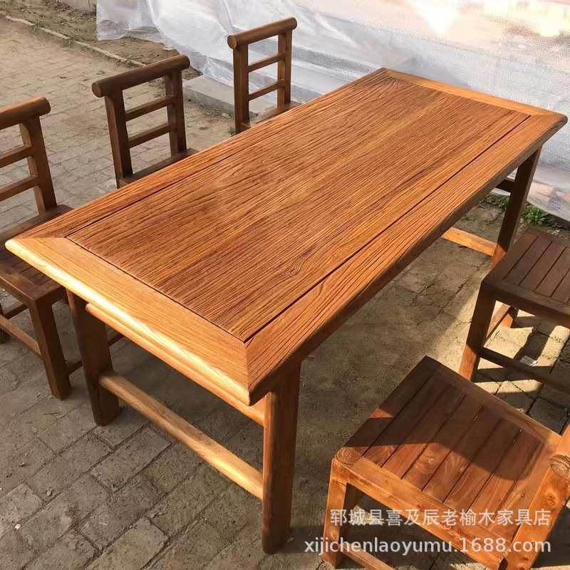厂家源头供应老榆木餐桌风化纹理实木餐桌民宿农家乐田园实木餐桌