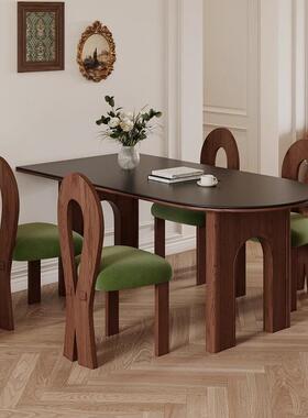 中古法式哑光黑色岩板实木小户型胡桃色白蜡木半圆靠墙岛台餐桌椅