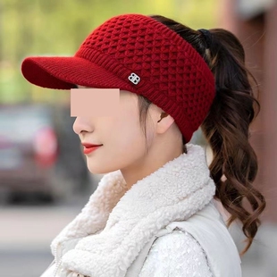 帽子女冬季马尾帽针织毛线帽空顶帽女士加绒加厚无顶鸭舌帽户外帽