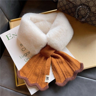 交叉女秋冬季韩版针织毛线保暖毛毛绒围脖加厚仿围巾兔毛毛领子女
