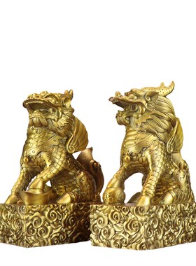 纯黄铜麒麟公母一对铜摆件八卦铜瑞兽全铜家用客厅门口店铺办公室