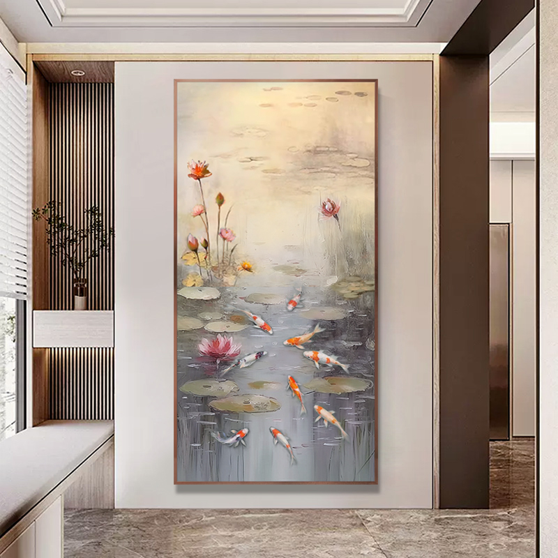 荷塘九鱼图玄关装饰画走廊过道现代简约奶油风立体纯手绘油画肌理图片