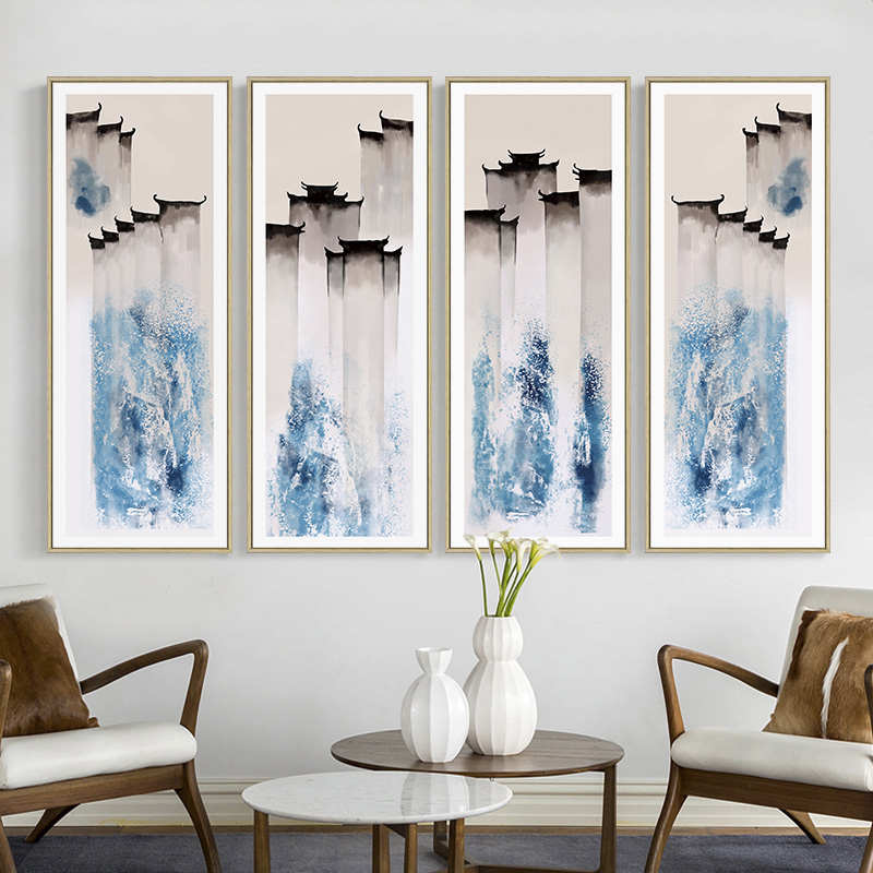 新中式徽派建筑装饰画抽象客厅四联画水墨禅意挂画民宿茶室墙壁画图片