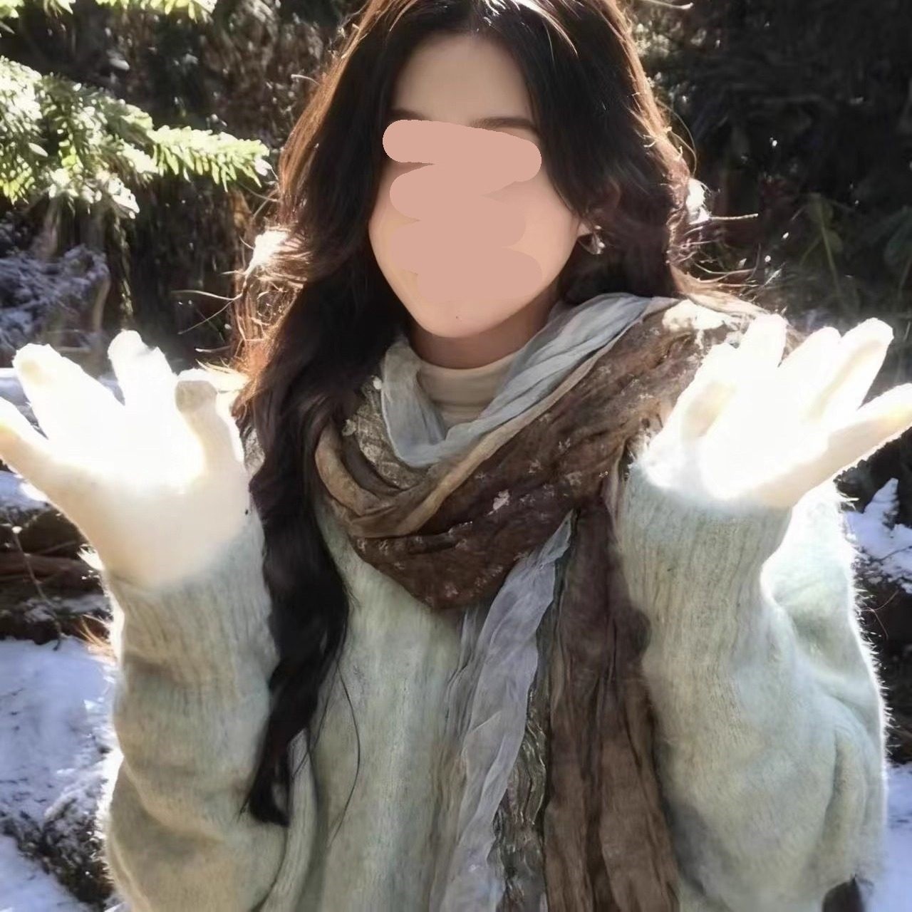 氛围感绿棕拼接碎花褶皱围巾复古高级感文艺百搭时尚旅游拍照披肩