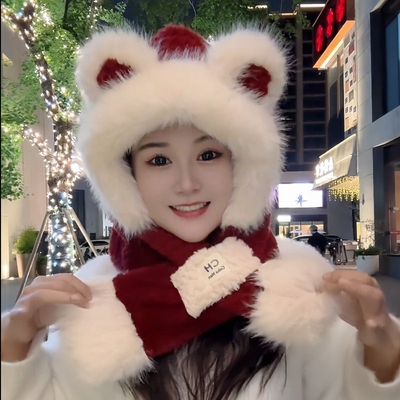 小熊耳朵保暖护耳帽子围巾一体两件套冬季加厚雷锋帽女秋冬围脖潮