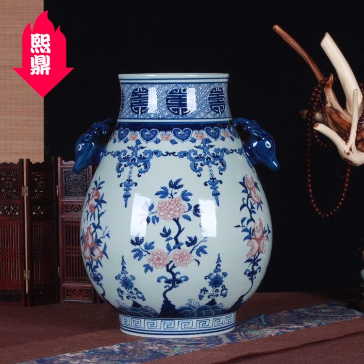 景德镇工艺品摆件中式仿古瓷器 家居摆设古典手绘青花瓷福筒鹿尊