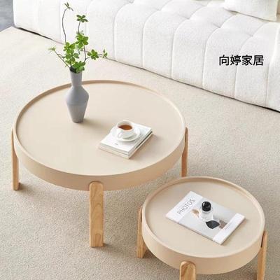 奶油风茶几现代简约客厅圆形轻奢一体用原木色阳台小户型轻奢组合