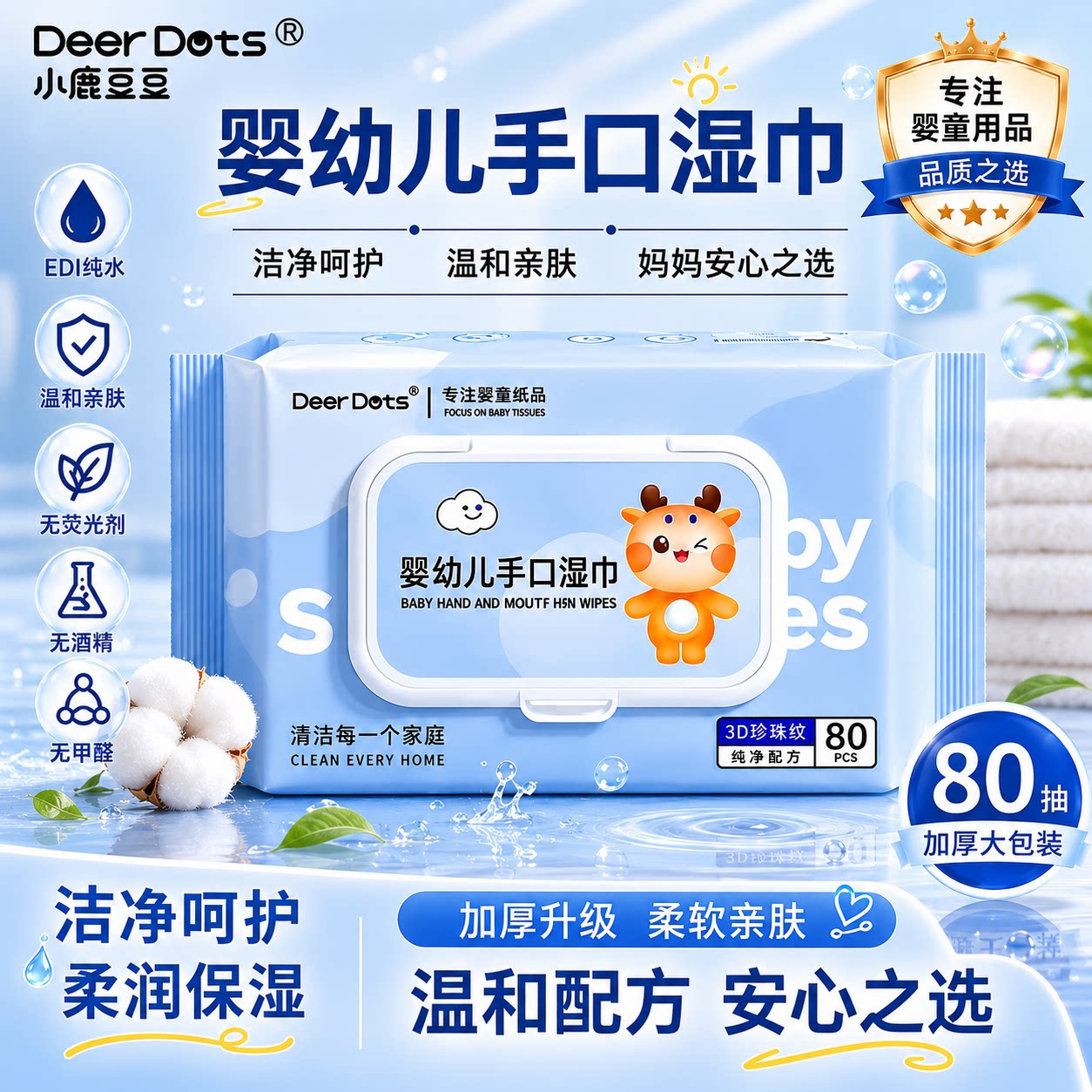 小鹿豆豆温润亲肤柔润湿巾轻柔清理舒缓闷热不适感保湿清洁擦脸巾