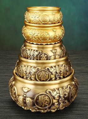 实心纯铜聚宝盆摆件中式家用客厅玄关装饰礼品聚财V黄铜米缸存钱