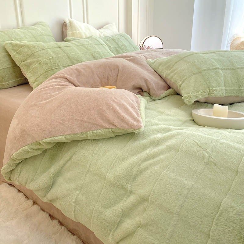 冬季兔兔绒床上四件套加厚v牛奶绒床单被套保暖双面法拉绒床笠