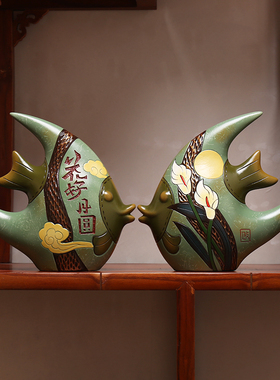 中式陶瓷客厅进门k入户玄关隔断博古架小摆件酒柜装饰品对鱼工艺