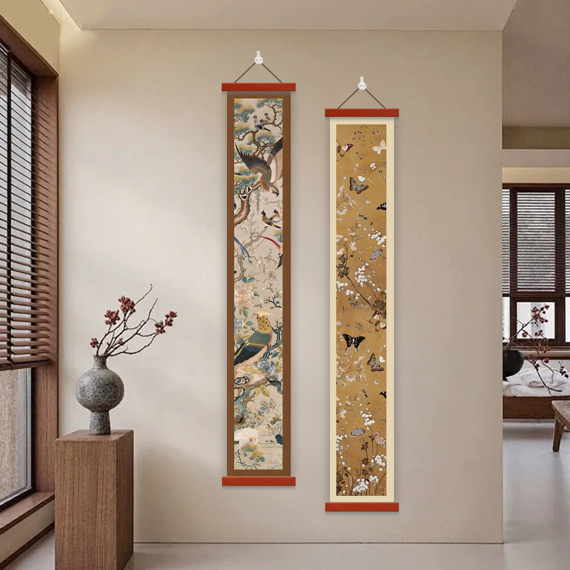 中古风入户玄关装饰画花鸟竖版窄长条挂画法式高级感走廊过道壁画