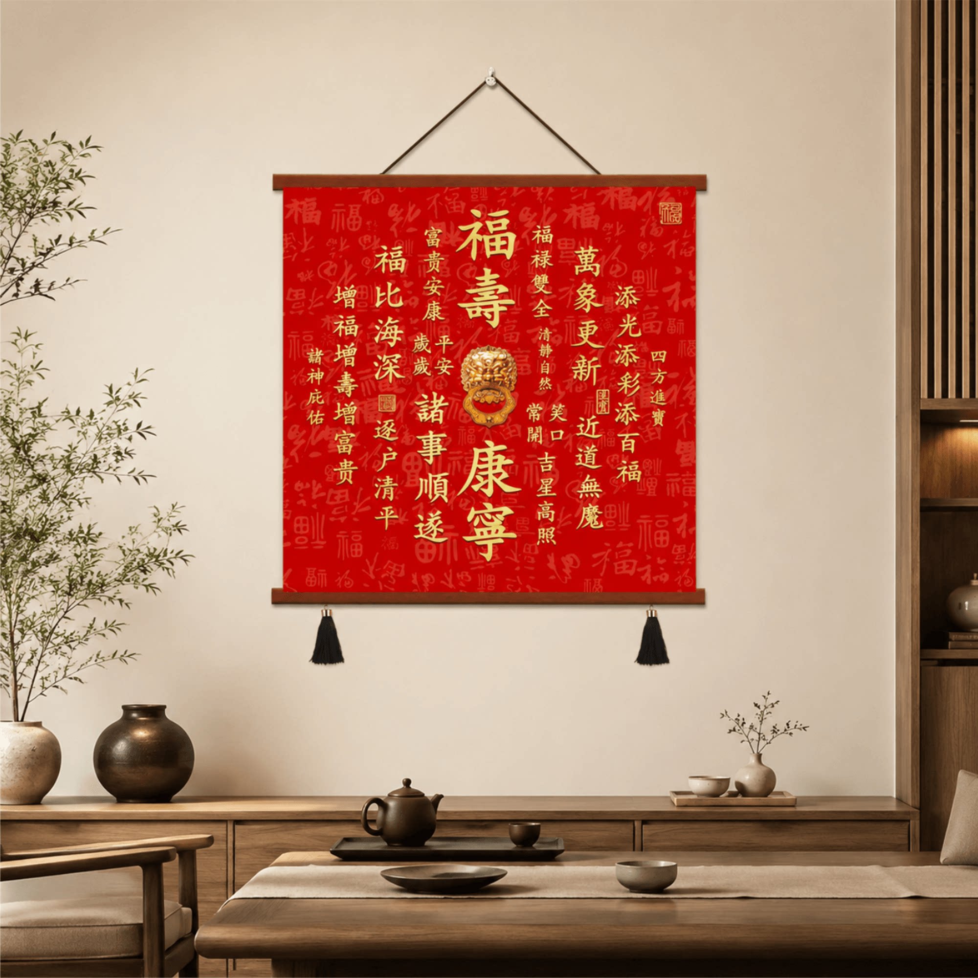 中式客厅玄关福寿康宁装饰挂画餐厅墙面壁画茶室背景墙招财字画