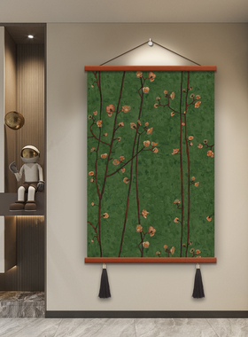 现代绿色复古南洋风梅花枝条客厅餐厅玄关装饰画卧室壁画竖版挂画