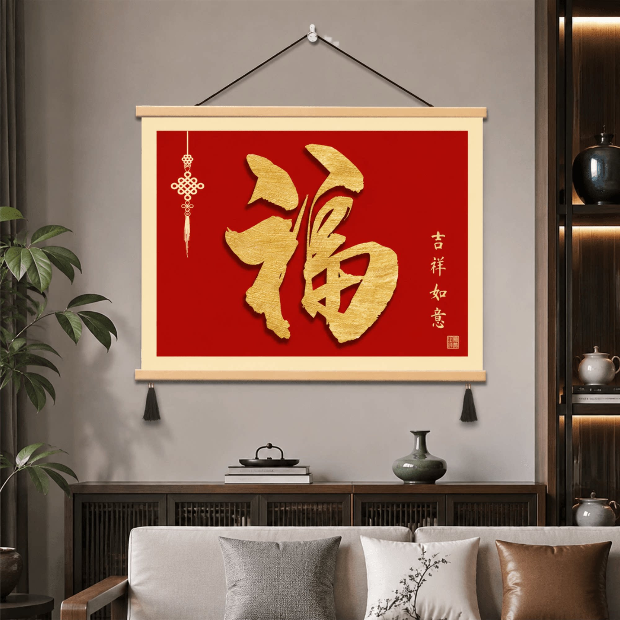 新中式福字书法轻奢大气挂画客厅玄关餐厅墙面装饰画吉祥如意壁画