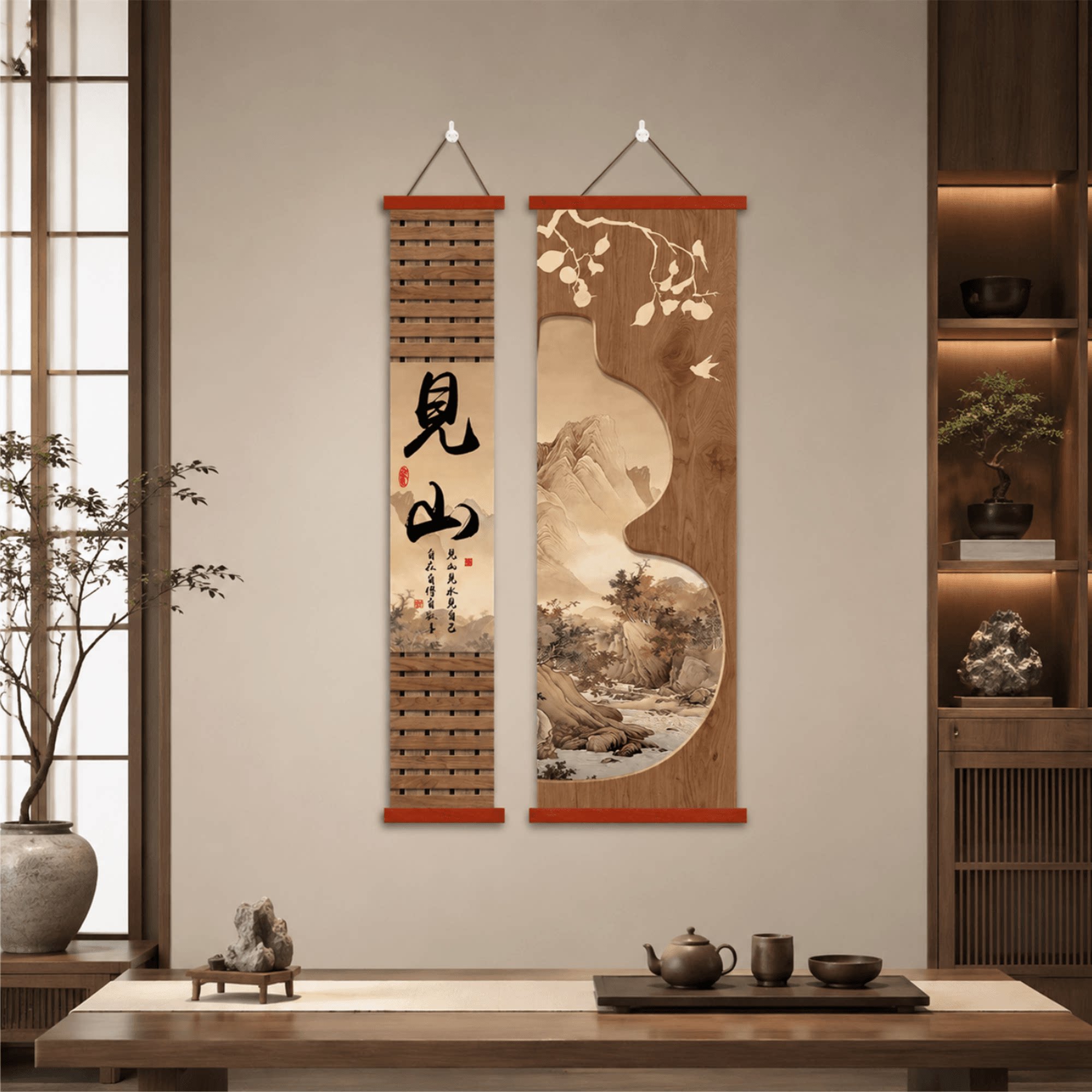 新中式见山书法山水挂画茶室玄关客厅卧室床头背景墙装饰壁画竖版