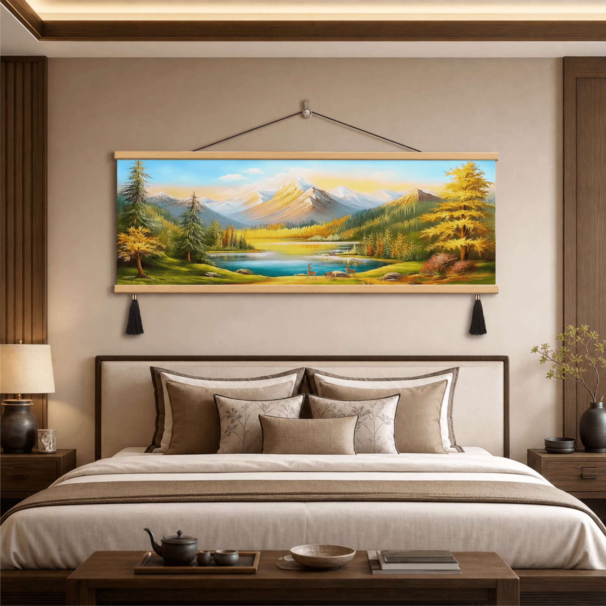 新中式轻奢金秋山水画挂画带鹿卧室床头客厅精品大气装饰画