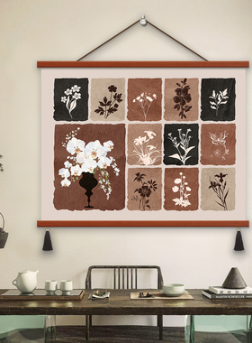 新中式蝴蝶植物挂画客厅装饰画松木框流苏吊穗高清油画布