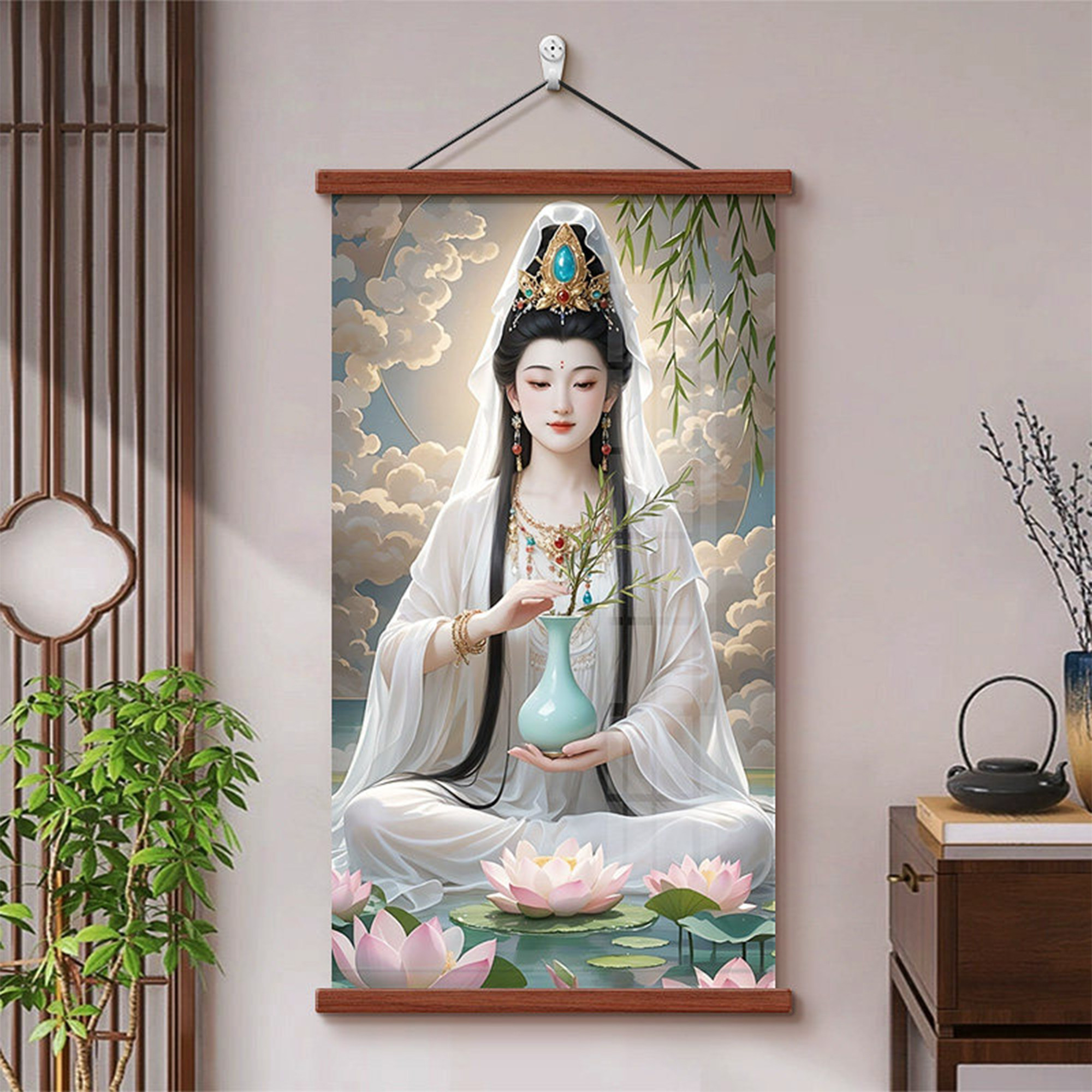白衣观音画像保平安佛堂供奉挂画观世音菩萨佛像挂画玄关卷轴画