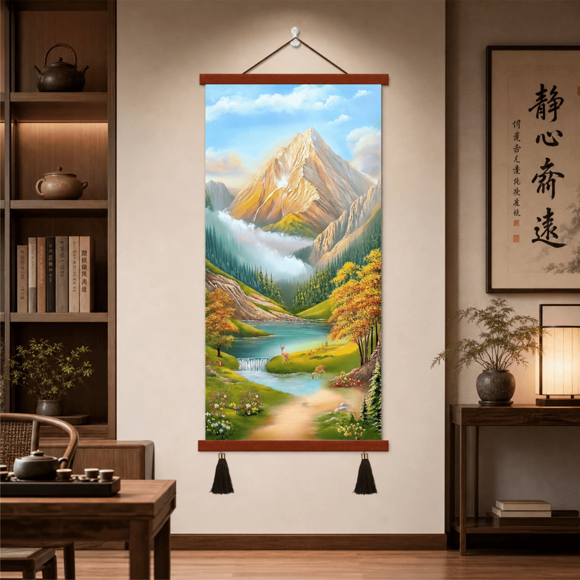 新中式山水风景装饰画客厅玄关竖版招财聚宝壁画现代简约墙面挂画