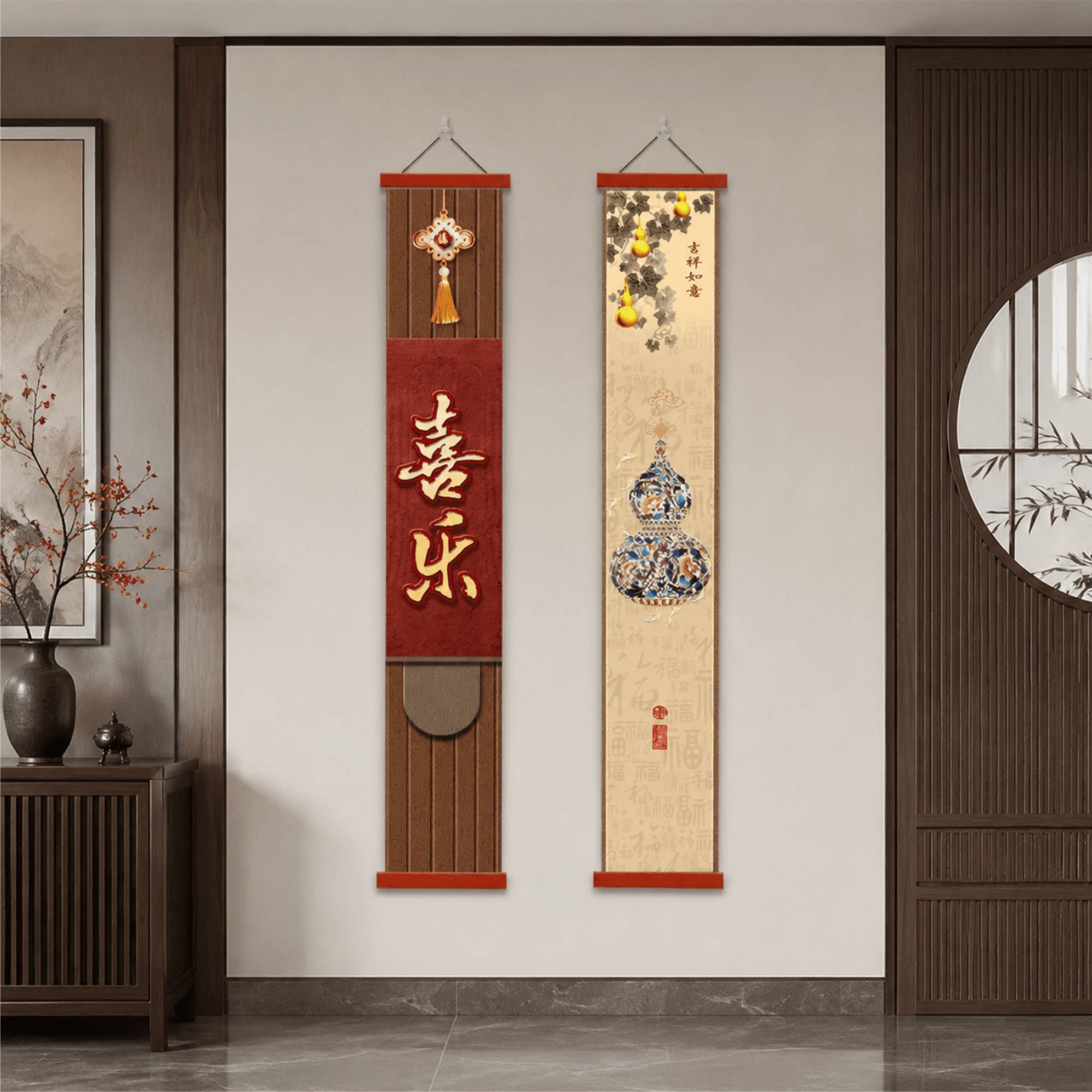 新中式玄关走廊过道墙面装饰画喜乐葫芦挂画客厅吉祥如意国风竖版