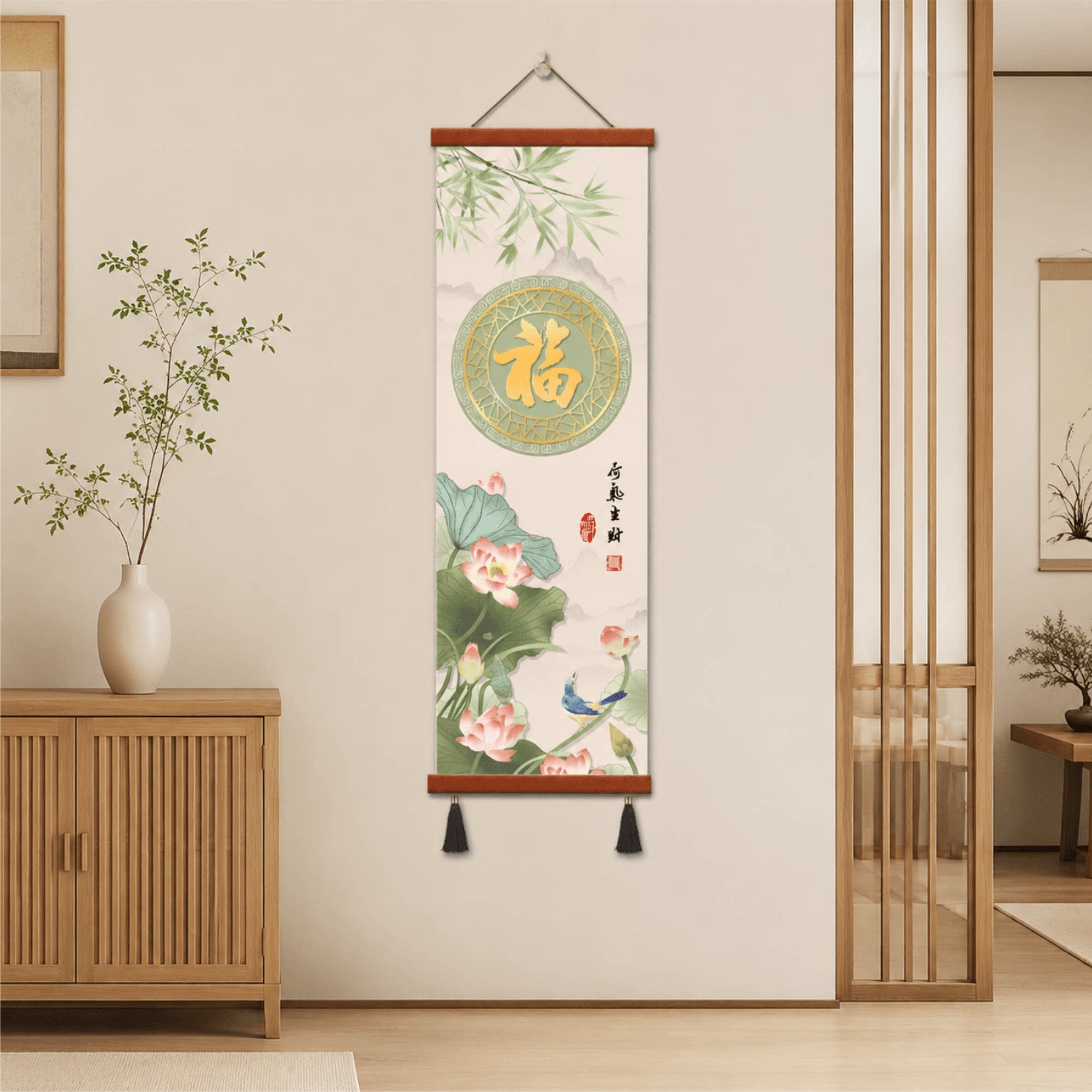 新中式荷气生财福字精品挂画玄关走廊客厅书房茶室墙面国风装饰画