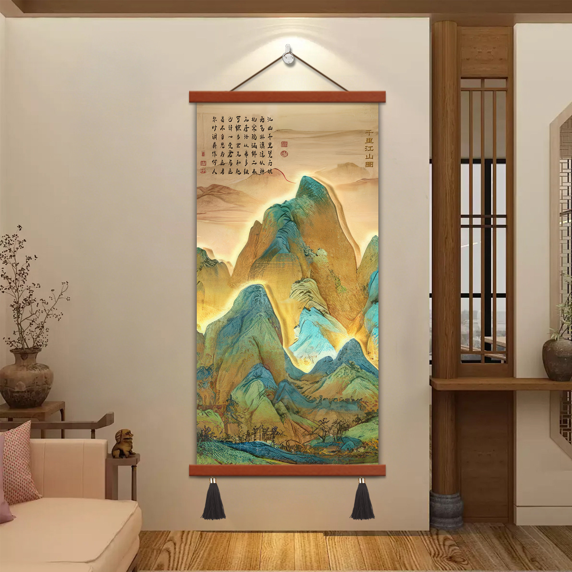 千里江山图入户玄关挂画宋代美学客厅办公室书房装饰画山水画挂轴图片