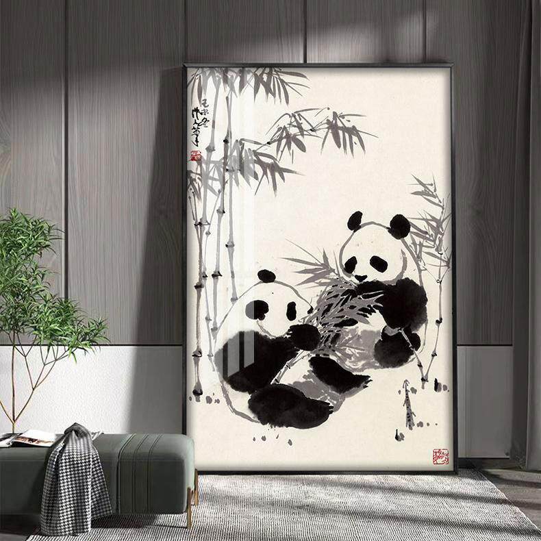 吴作人熊猫图国画新中式客厅背景墙装饰画玄关壁画民宿办公室挂画