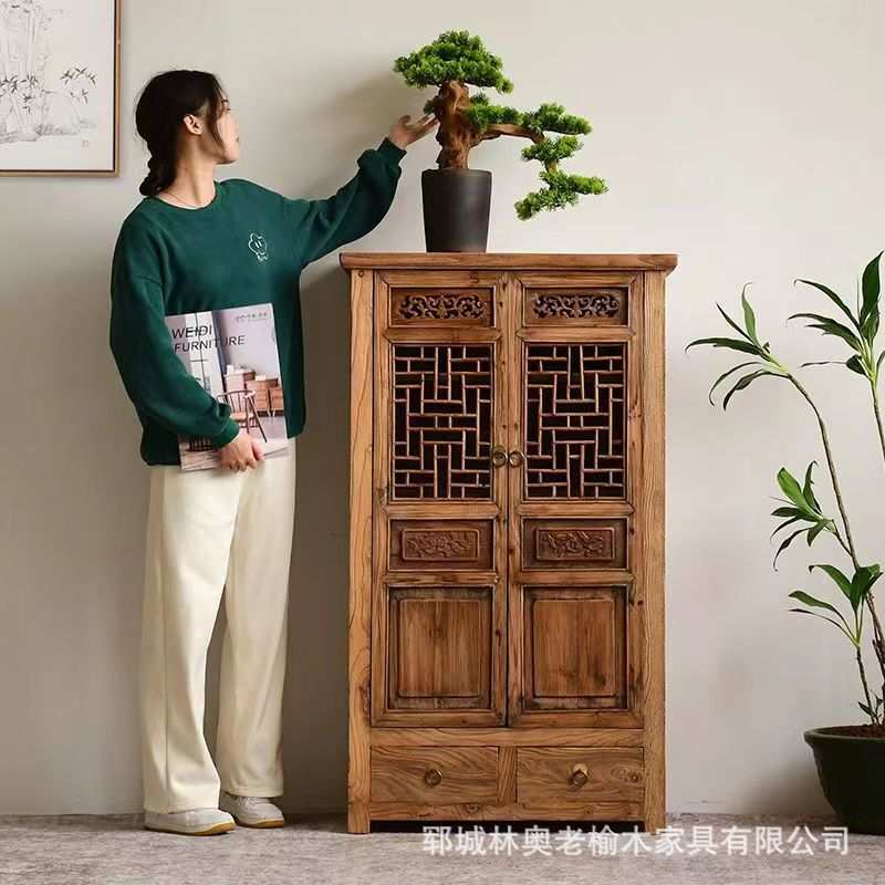 全实木餐边柜老榆木储物柜旧木收纳柜仿古中式茶边柜民宿家具