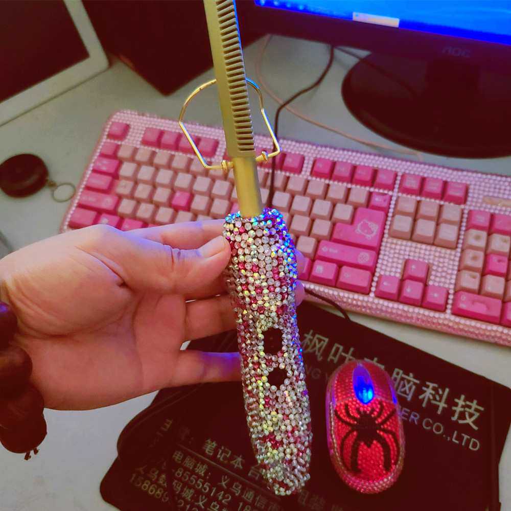 亚马逊镶钻定制加工电热直发梳干湿两用美发家用烫发卷发棒卷发梳