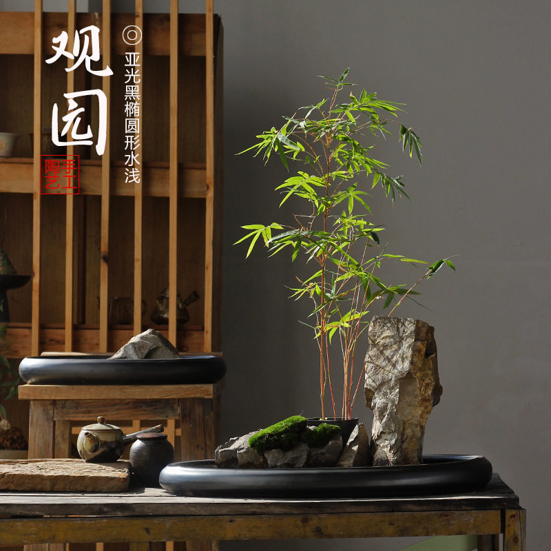 陶瓷黑色大口径浅拼盘米竹菖蒲多肉古典造景枯山水景酒店桌面花盆