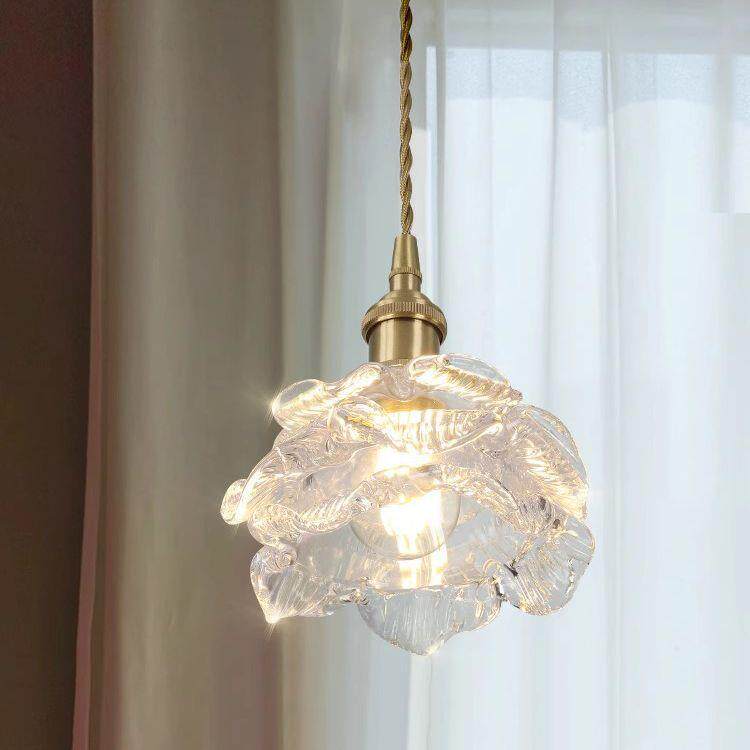 全铜法式现代简约床头吊灯玫瑰花ins唯美餐厅卧室玻璃吊灯壁灯