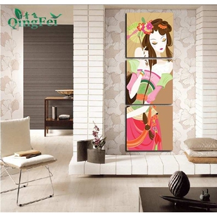 青飞精准印布风味女郎十字绣古典美女竖版三联画玄关客厅有钻石画