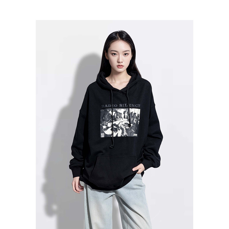 BM卫衣女2026新款黑色设计感印花美式复古慵懒风宽松oversize上衣