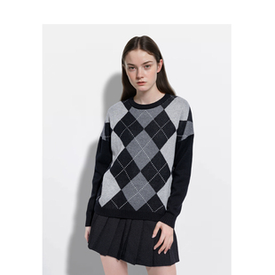 BM毛衣女圆领菱格学院风针织衫2026新款秋冬百搭显瘦高级感上衣