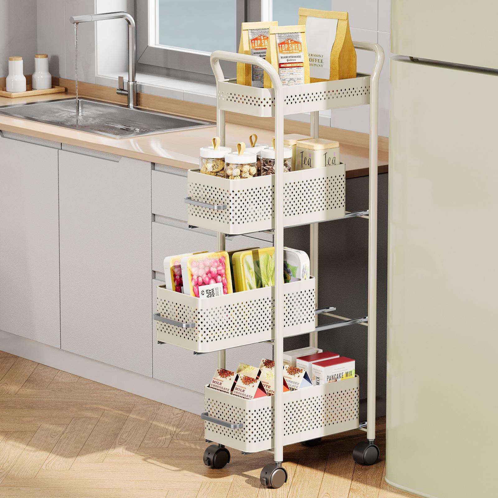 厨房夹缝置物架冰箱侧面抽拉柜卫生间小推车极窄缝拉篮缝隙收纳柜