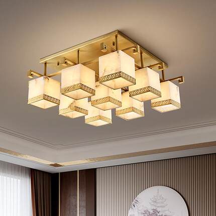 跨境新中式吸顶灯客厅灯全铜天然云石LED灯餐厅灯简约长方形灯具