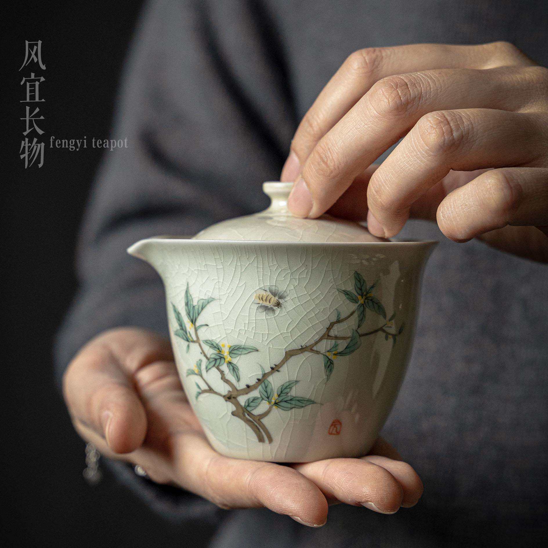 风宜长物古青釉开片手抓壶复古手绘陶瓷茶壶快客杯单个盖碗泡茶器