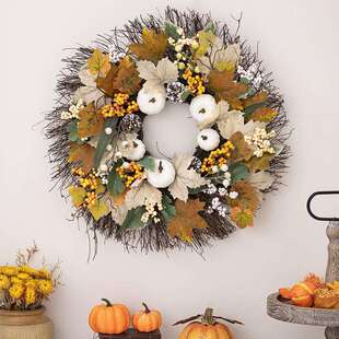 华岑秋季新款感恩节装饰品花环丰收季枫叶白南瓜花环秋天门廊挂件