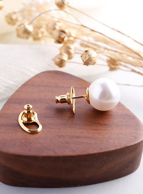 猪鼻耳堵大耳钉防掉重耳环后塞黄金珍珠耳针支撑防下坠耳帽后堵