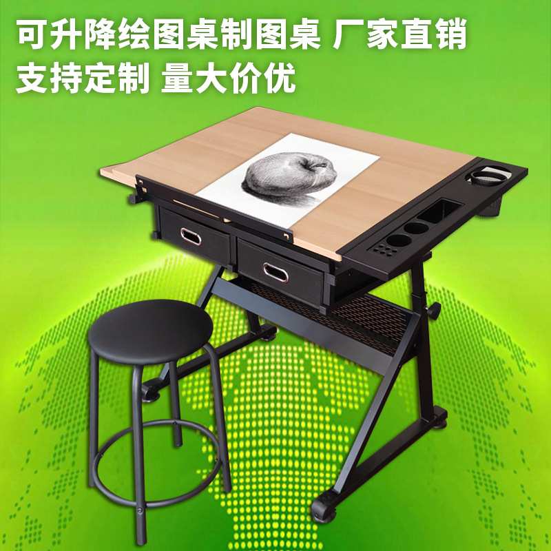 木质绘图桌可升降美术生教室书桌设计师玻璃制图工作台手摇绘画桌图片