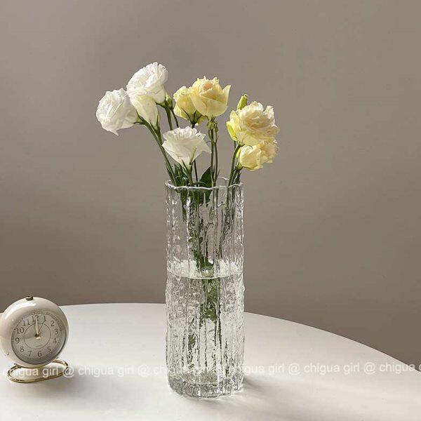 树皮水养风客厅透明装饰摆件玻璃花瓶法式插花花器桌面简约纹