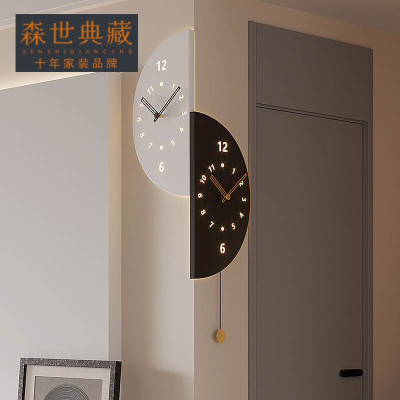 转角挂钟客厅f家用拐角双面时钟挂墙静音餐厅钟表2024新款带灯声