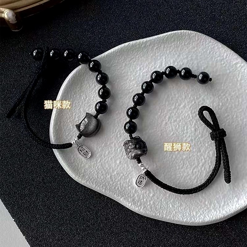 原创天然金银曜石情侣手链男款醒狮女招H财猫纯银手绳简约个性时